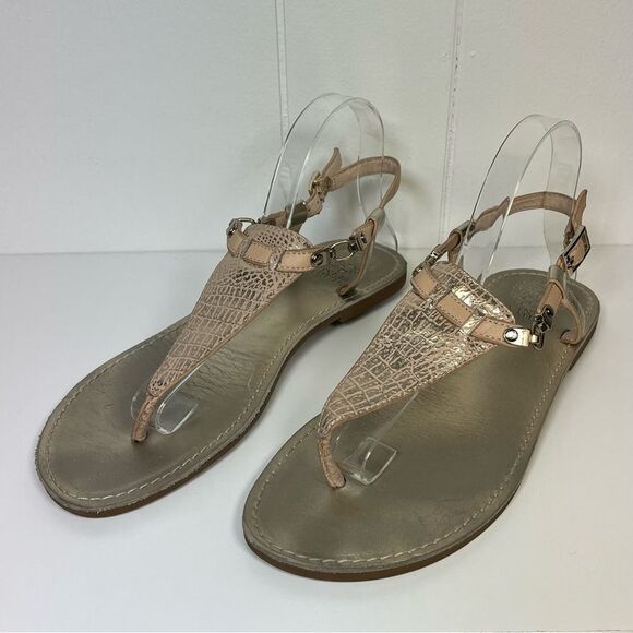 Vince Camuto Nude & Metallic Silver Leather T-Strap Sandals Size 9 - Picture 2 of 15